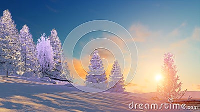Winter landscape with snowy firs at sunset Cartoon Illustration