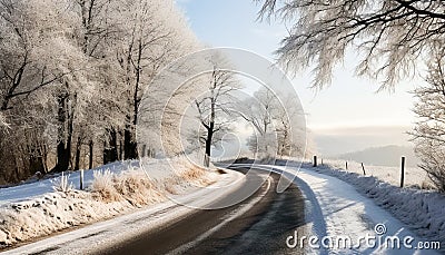 Winter landscape, snowy forest, icy road, vanishing point generated by AI Stock Photo