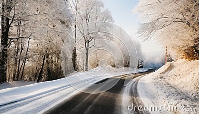 Winter landscape, snowy forest, icy road, vanishing point generated by AI Stock Photo