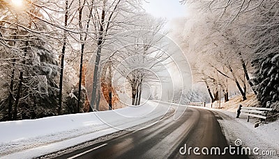 Winter landscape, snowy forest, icy road, vanishing point generated by AI Stock Photo