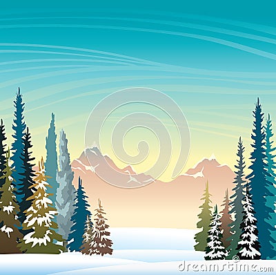 Winter landscape - snowy forest and mountains. Vector Illustration
