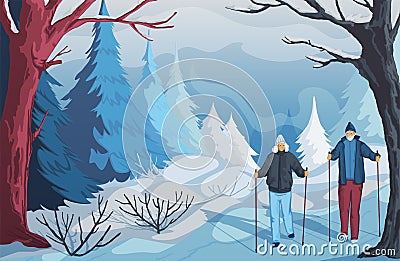 Winter landscape with snowy hills, bushes, trees and firs. Senior couple hiking and nordic walking in park. Vector Illustration