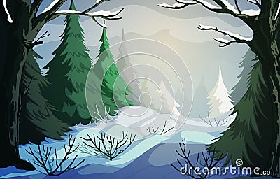 Winter landscape with snowy hills, bushes, trees and firs. Senior couple hiking and nordic walking in park. Vector Illustration