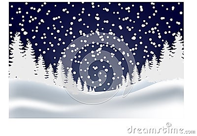 Winter landscape, falling snow, pine forest, dark blue night background Stock Photo