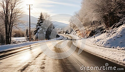 Winter landscape, snowy mountain, icy road, vanishing point generated by AI Stock Photo