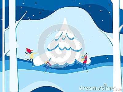 Winter landscape snowy street and winter holiday. Happy family skating in the winter. Merry Christmas and Happy New Year. Cartoon Vector Illustration