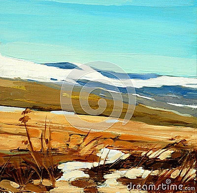 Winter landscape in spanish mountains, painting Cartoon Illustration