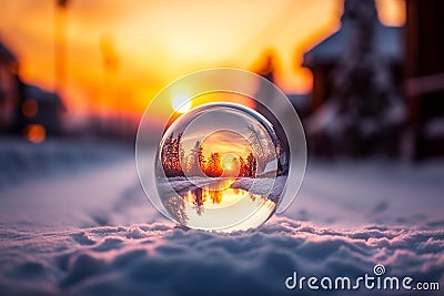 Winter landscape at sunset and a glass ball, abstract Christmas scenic nature landscape Stock Photo
