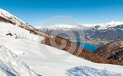 Winter Landscape on Swiss alps and Lake Maggiore from Alpe di Neggia. Stock Photo