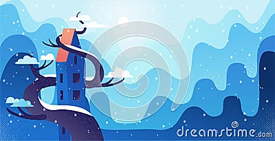 Winter landscape with tall house entwined with large tree, in a modern cartoon style with textures and gradients. Hilly landscape Cartoon Illustration