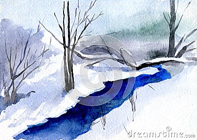 Winter landscape with tree and river. Watercolor illustration Cartoon Illustration