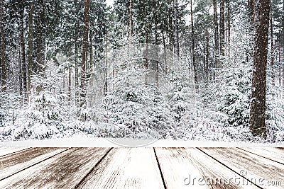 Winter landscape of trees covered with snow - Table full of snowflakes Stock Photo