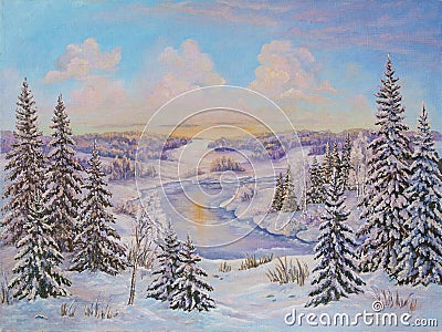 Winter landscape with trees in the snow on a canvas. Original oil painting. Stock Photo