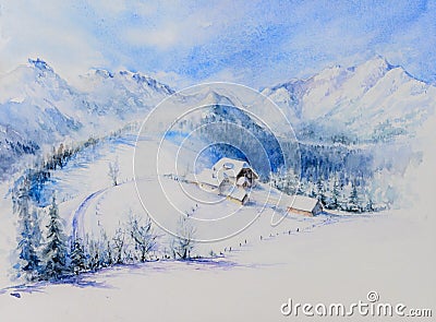 Winter landscape watercolor painted Stock Photo