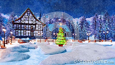Snowbound town at Christmas night in watercolor Stock Photo