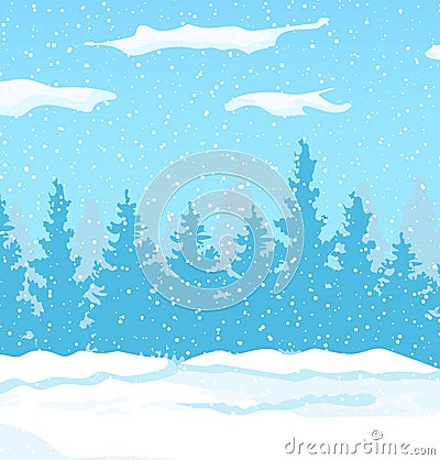 Winter landscape with white pine trees on snow Vector Illustration