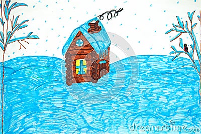 Winter landscape with wood house. Like kids drawn flat doodle simple image. Watercolor hand drawing, child painting Stock Photo