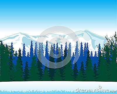 Winter landscape with wood and mountain Vector Illustration