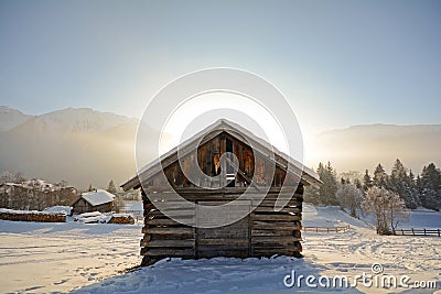 Winter landscape with wooden barn, Pitztal Alps - Tyrol Austria Stock Photo