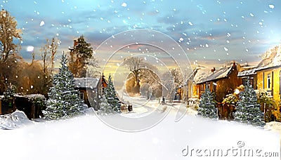 winter landscape wooden cabin and trees under snow blue sky snow fall pine trees covered by snow countryside nature winter lands Stock Photo
