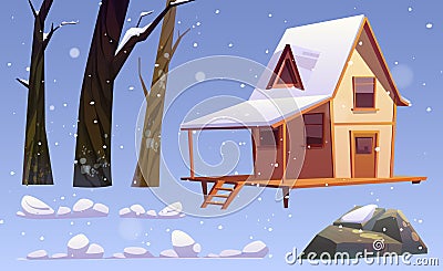 Winter landscape with wooden house, snow and trees Vector Illustration