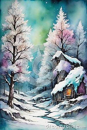 Winter landscape with a wooden house, trees and snow Stock Photo