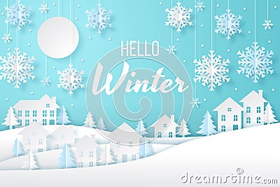 Winter lanscape with house, snow and tree. Paper cut vector design. Vector Illustration