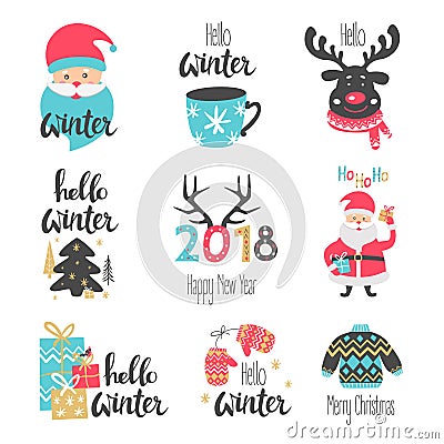 Winter lettering set with holiday elements. Santa Claus, deer. Vector Illustration