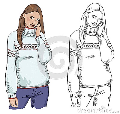 Winter look. A woman in warm sweater posing Vector Illustration