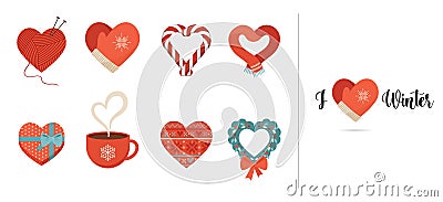 Winter love. Collection of concept icons, elements with red hearts in different shapes: scarf, mug, gift box, mittens Vector Illustration