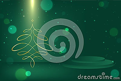 Christmas Background Green Sparkle with Ribbon Pine Tree Vector Illustration