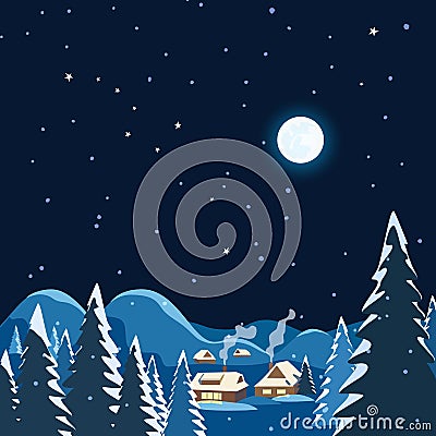 Winter magic night countryside landscape scenery Vector Illustration