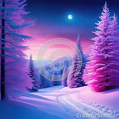 Winter magic wonderland with pink Christmas art Cartoon Illustration