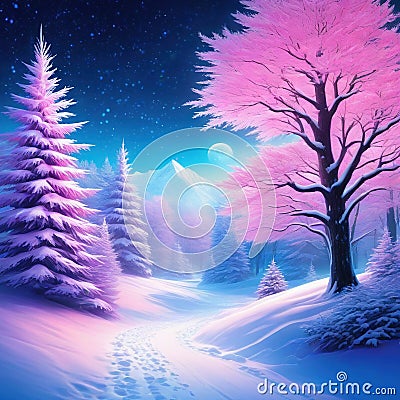 Winter magic wonderland with pink Christmas art Cartoon Illustration