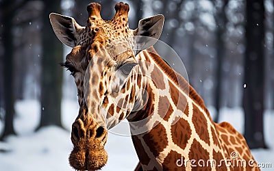 Winter Majesty Portrait of a Majestic Giraffe in the Snowy Wilderness Stock Photo