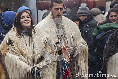 Winter masquerade festival Kukerlandia in Yambol town, Bulgaria. Editorial Stock Photo