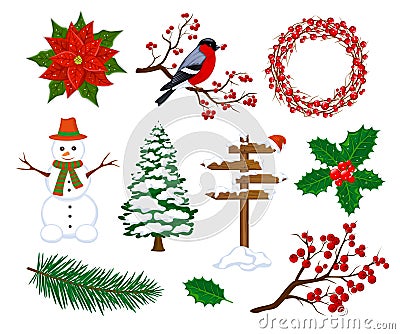 Winter Merry Christmas and Happy New Year Objects Decoration Elements Items set Vector Illustration