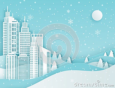 Winter modern city landscape with skyscrapers, paper houses Vector Illustration