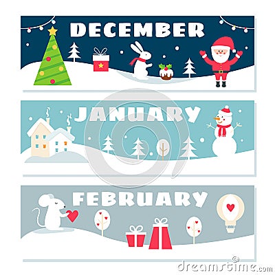 Winter Months Calendar Flashcards Set. Vector Illustration