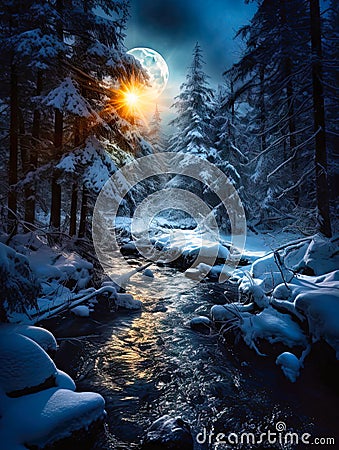 winter moonlight photorealistic smooth color Stock Photo