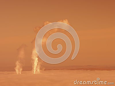 Winter morning landscape, fog and smog over industry city Stock Photo