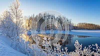 Winter morning landscape with mist on the river with the forest, Russia, the Urals Stock Photo