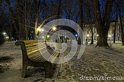 Winter morning in the Mariinsky park. Walking in the winter park along the empty curved alley with benches and lanterns Stock Photo