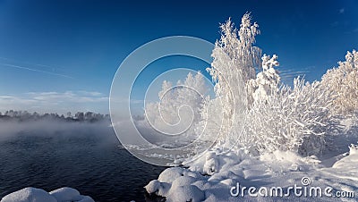 Winter morning at Reftinsky reservoir with snow-covered forest and river Russia Ural in January Stock Photo