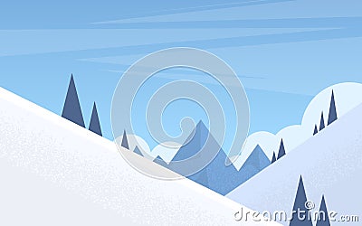 Winter Mountain Forest Landscape Background, Pine Snow Trees Woods Vector Illustration