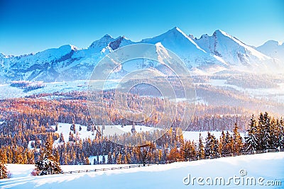 Winter mountain landscape. Clear blue sky over snowy mountain peaks in a frosty morning. Winter sunrise in the mountains. Stock Photo