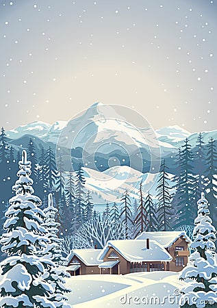 Winter mountain landscape with fir and houses Vector Illustration