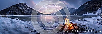 Winter mountain landscape of fire burning on frozen lake Stock Photo