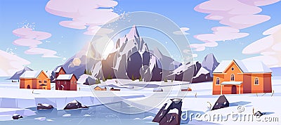 Winter mountain landscape with houses or chalets Vector Illustration