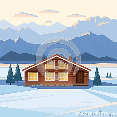 Winter mountain landscape with wooden house, chalet, snow, illuminated mountain peaks, river, fir trees, illuminated windows. Cartoon Illustration